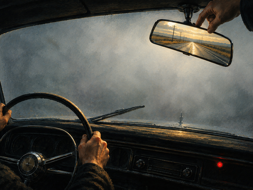 View through a car windshield looking into a foggy mist with the rearview mirror above and showing a long, empty road with clear skies.