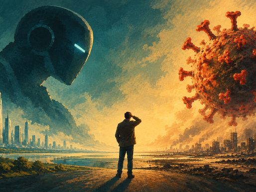 A man standing looking at the sky above him with a robot on his left and a virus on his right