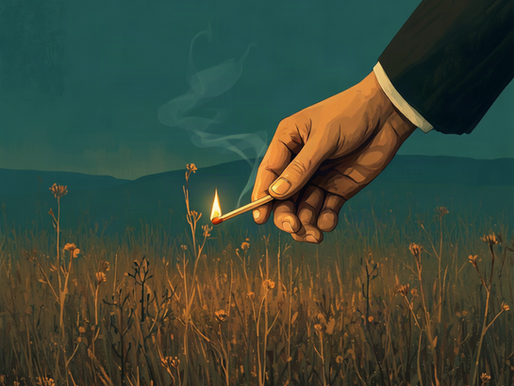 A lit match in a man's hand held just above dry grass