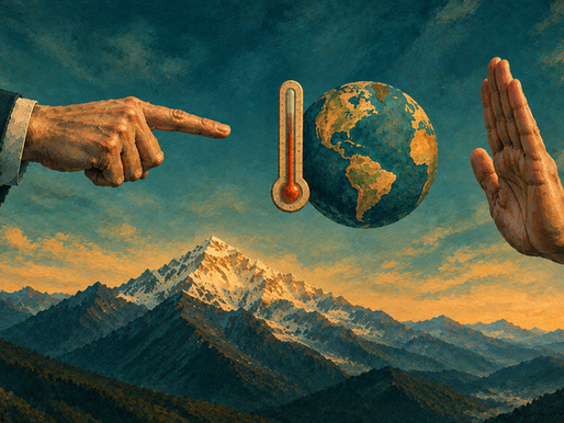 A hand pointing to a thermometer and a globe and another hand in a "stop" motion on the other side