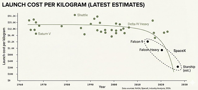 Launch cost per kilogram (latest estimates) chart